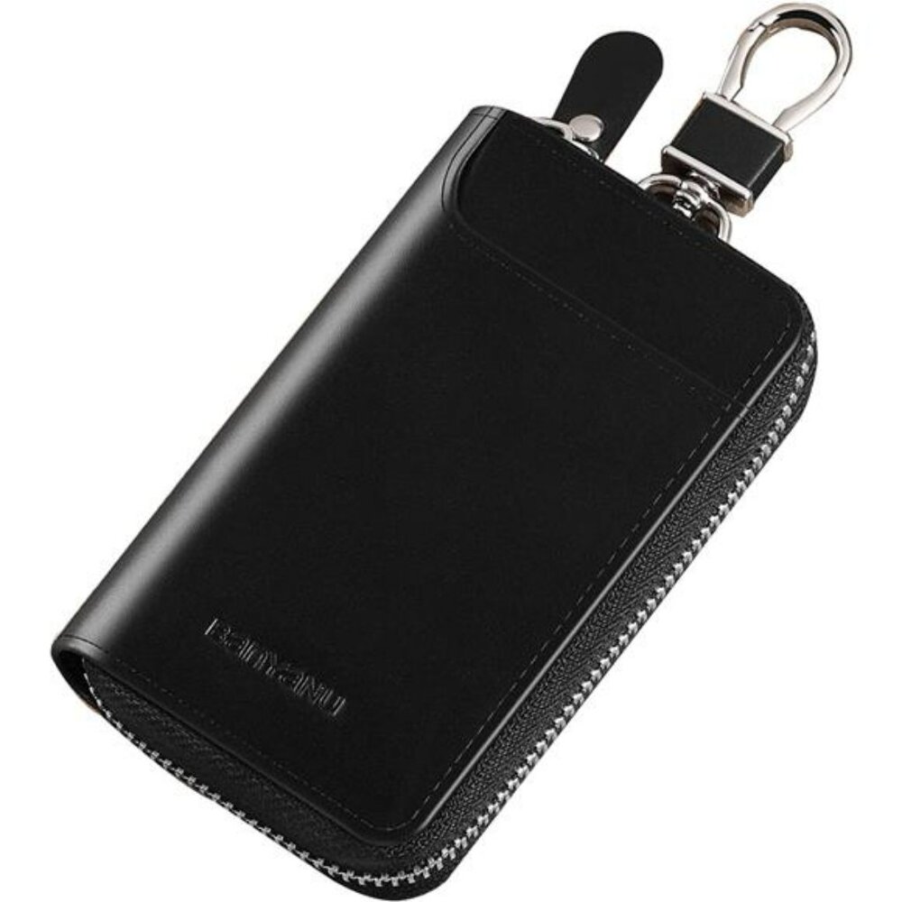 Black Leather Zip Key & Card Holder with Clip